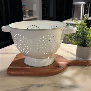 Vintage-Style White Enamel Colander with Green Trim